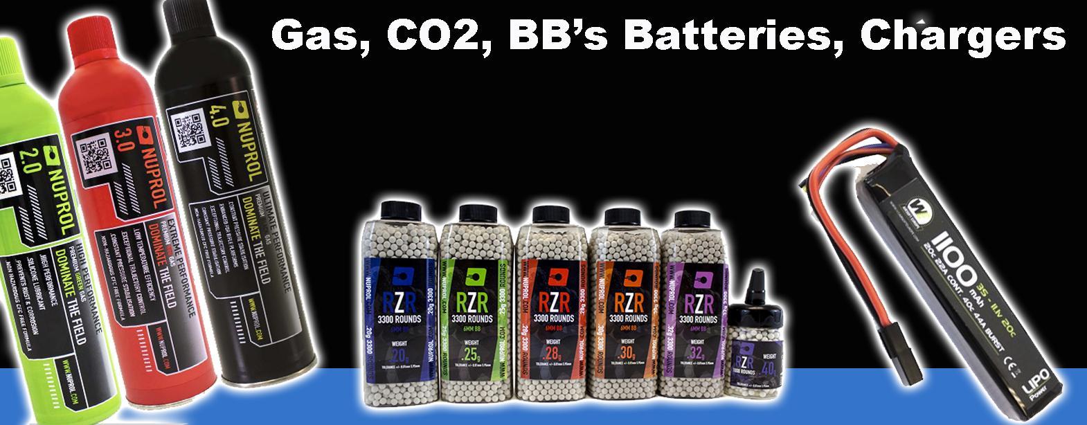 Gas, CO2, BBs, Batteries and Chargers