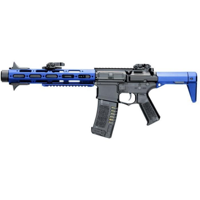 Closely resembled the AAC Honey Badger PDW. Free float hand guard. Mock suppressor. Works with the ARES / Amoeba Electronic Gearbox Programmer. Fully automatic / semi-automatic select fire with 300 rd high capacity magazine. Battery is stored in a small compartment of the stock. 