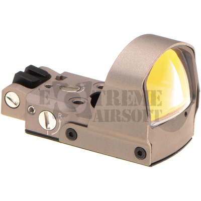 AIM-O DP Pro Red Dot Sight DE AIM-O DP Pro Red Dot Sight DE The AIM-O DP Pro Red Dot Sight DE is a large sight window red dot optic designed to be lightweight and low profile, making them perfect for use on smaller airsoft weapons such as SMGs and even pistols. With a large objective window you can easily pick up the red dot on the glass, and being made out of light weight metal the optic is a light weight robust option. The optic can be easily adjusted for both windage and elevation via the flathead adjustment screws on the top and sides. Designed with use on pistols in mind, this optic comes equipped wiht a built in adjustable rear sight incase the optic runs out of battery. The AIM-O DP Pro Red Dot Sight DE also comes as standard with 3 mounts, a 20mm picatinny mount, a rear mounting plate for G Series pistols and another for use on 1911 platforms. AIM-O is a leading manufacturer of optics and accessories. In fact, those replicas are almost same size and weight than the original ones for more realism in the field. AIM-O Scopes and optics are built with military specifications with good performance, quality materials that allow a long life and reliability.  Specs & Features: DP TYPE PRO SIGHT. Material: ALUMINUM. Color: DARK EARTH. Dot color: RED. Unique shape that absorbs shocks and deflects stress away from the lenses. Very versatile and illuminates in any light condition. Calibration adjustments. 1x magnification. Standard 20mm mount. G Series Mount 1911 mount Anti-glare lenses. Operation 1x CR2032 battery (NOT included). Lens cover included.