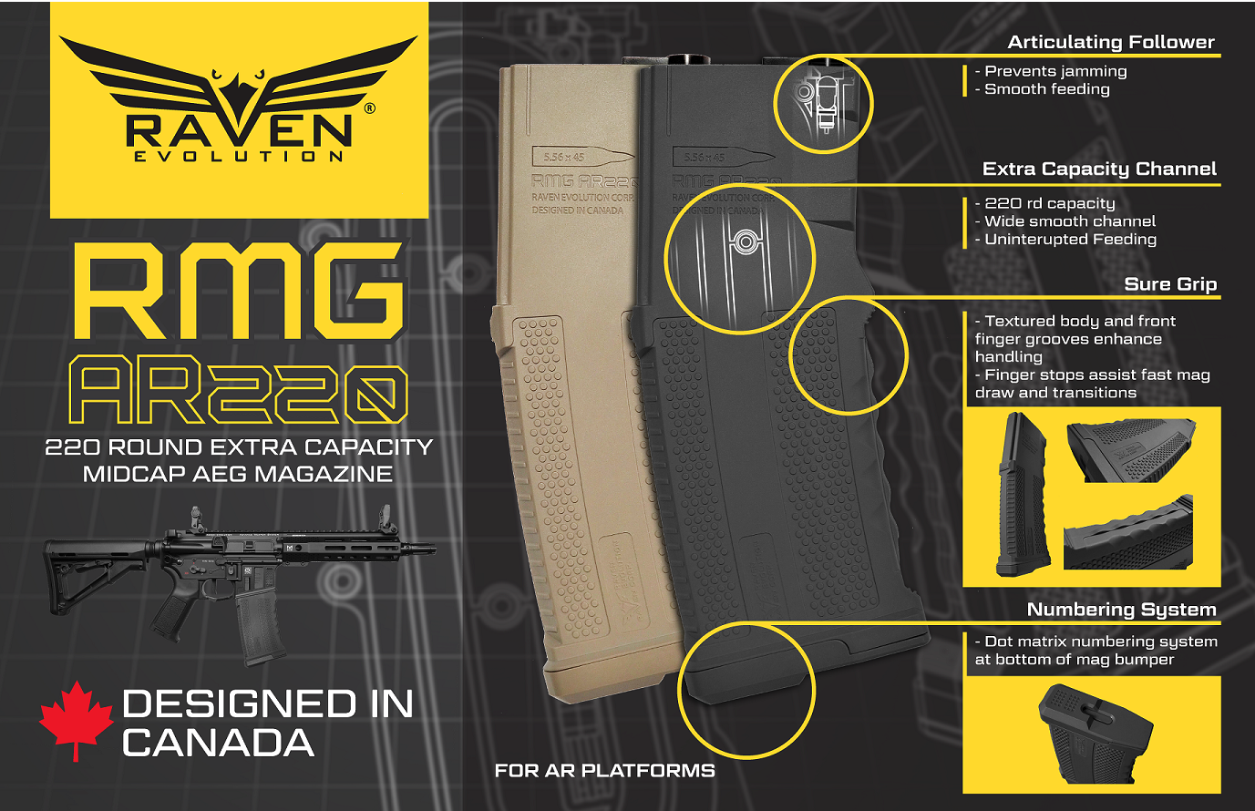 Raven Evolution RMG AR220 extra capacity silent midcap magazine - Dark Earth
