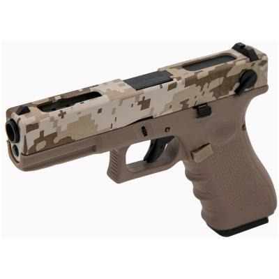 EU8 GBB with single/full-auto selector, lightened CNC slide, 6.03mm/90mm tightbore and 23R double-stack magazine. Product Features: CNC-finished aluminium-alloy slide with top cut-out to reduce reciprocating mass HIPS polymer frame with integrated rail for direct-fit accessories 6.03mm tightbore inner barrel, 90mm length 23R double-stacked gas magazine with large reservoir 12mm male thread on outer barrel for direct-fit devices Slide-mounted rear selector for Single and Full-Auto modes Moulded stipple grip with two interchangeable backstraps Steel, brass and alloy internal mechanisms Polymer feed lips and nozzles for dependable feeding Internal adjustable hop-up accessed within the slide Trigger lock and rail-mounted frame lock Realistic GBB cycling with slide lock-back on empty Supports 48R extended and CO2 magazine variants Includes spare gas nozzle and seal kit Electrostatic exterior finish Tuned to approx 300 FPS on standard fuel at 20°C The EU8 GBB Pistol delivers a fast, responsive and adaptable sidearm experience built around a CNC-finished aluminium-alloy slide engineered with cut-outs to reduce reciprocating mass. This refinement accelerates cycle speed and recovery, making the pistol feel lively and precise whether firing measured single shots or switching to controlled bursts. A slide-mounted rear selector enables seamless transition between Single and Full-Auto modes, giving players genuine flexibility for close engagements, rapid suppression or rapid follow-up shots. Accuracy is supported by a 6.03mm tightbore inner barrel cut to 90mm, providing stable flight and tighter groupings across typical pistol engagement distances. The internal adjustable hop-up, accessed within the slide, allows fine tuning for different BB weights and field conditions. Gas performance benefits from the included 23-round double-stacked magazine, which features a large internal reservoir designed for more shots per fill, quicker gas stabilisation and reduced FPS drop-off during sustained strings of fire. For extended capacity or alternative power setups, 48-round extended magazines and CO2 variants are fully supported without internal modification. A spare gas nozzle and seal kit are supplied for straightforward field servicing. The EU8 is built for modular utility. A 12mm male thread on the outer barrel supports direct-fit tracer units and muzzle devices, while the frame rail provides a stable mounting point for lights and compact lasers positioned close to the bore axis. Its moulded stipple grip includes two interchangeable backstraps to suit different hand sizes and firing styles, enhancing control during both semi-auto precision and full-auto strings. Internal mechanisms use steel, brass and aluminium-alloy components for consistent wear resistance, while polymer feed lips and nozzles ensure reliable feeding and easy replacement when needed. Safety features include a trigger lock and a hard frame-mounted lock that fully disengages the trigger when engaged. The electrostatic finish offers a durable, uniform surface able to withstand repeated handling and holstering. Tuned to deliver approximately 300 FPS on standard fuel at 20°C, the EU8 combines fast slide dynamics, selectable fire capability and dependable magazine architecture to provide a compact, aggressive and adaptable sidearm suited to both competitive and organised team roles. Range Overview: RAVEN GBB Pistols deliver full-metal realism and skirmish-ready performance for players who demand service-grade replicas. CNC-finished metal slides and frames reproduce authentic weight, balance and recoil feel while clean, military-led styling keeps ergonomics true to real-world duty pistols. Tuneable 6.03mm tightbore barrels and in-slide hop units provide predictable grouping and fast on-field adjustment so shooters spend time engaging targets, not tweaking components. Every pistol ships with service spares and CO₂ conversion parts to ensure reliable all-season operation and simplified maintenance between games. The range is built for durability, repeatable performance and practical modularity — optics-ready options, frame rails and threaded barrels are available across the family — delivering a coherent toolkit for players focused on realism, longevity and field serviceability. Full-metal CNC slides and frames for authentic weight, balance and recoil impulse 6.03mm tightbore barrels with in-slide adjustable hop units for predictable trajectories Seal kits, spare gas nozzles and CO₂ conversion parts supplied for immediate field servicing Optics-ready and frame-rail options across the lineup for practical loadouts Polymer feed lips and nozzles with steel, brass and aluminium internals for serviceable longevity Clean, military-first design language prioritising realism over ornamental styling